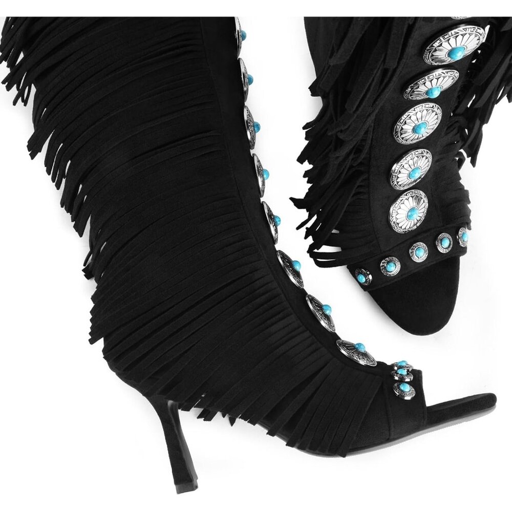 Women's Black FancyQueen Gladiator Heels Knee High Stiletto Peep Toe Boot - Picture 6 of 7